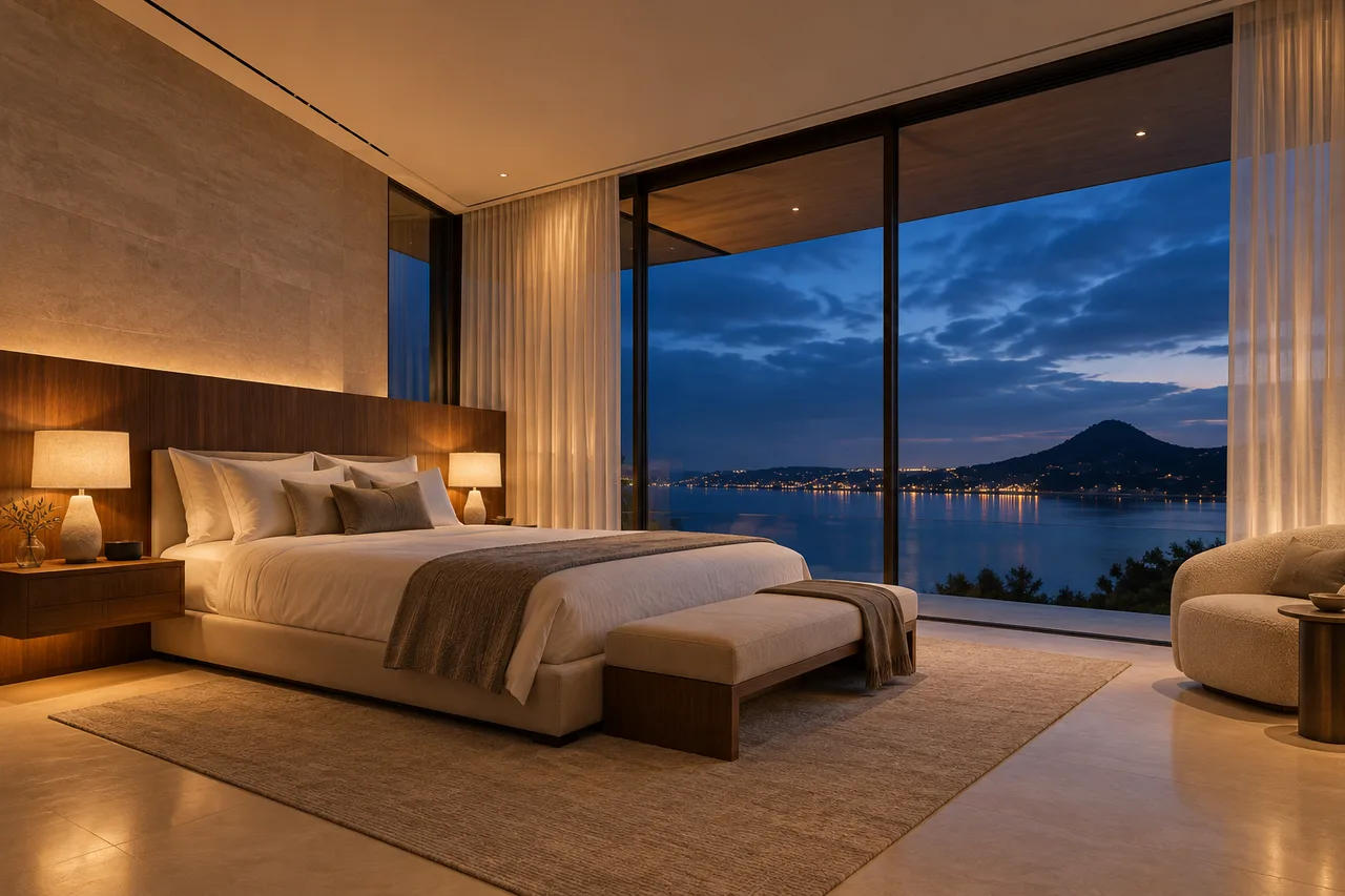 Soft linen bed, walnut headboard and warm lamps beside glazing facing the evening water.
