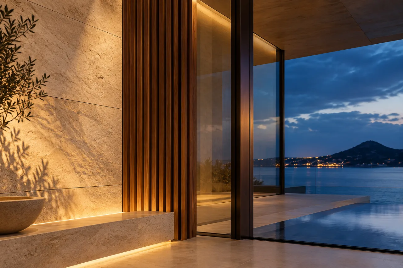 Honed stone, warm timber and dark glazing meeting in soft architectural light.