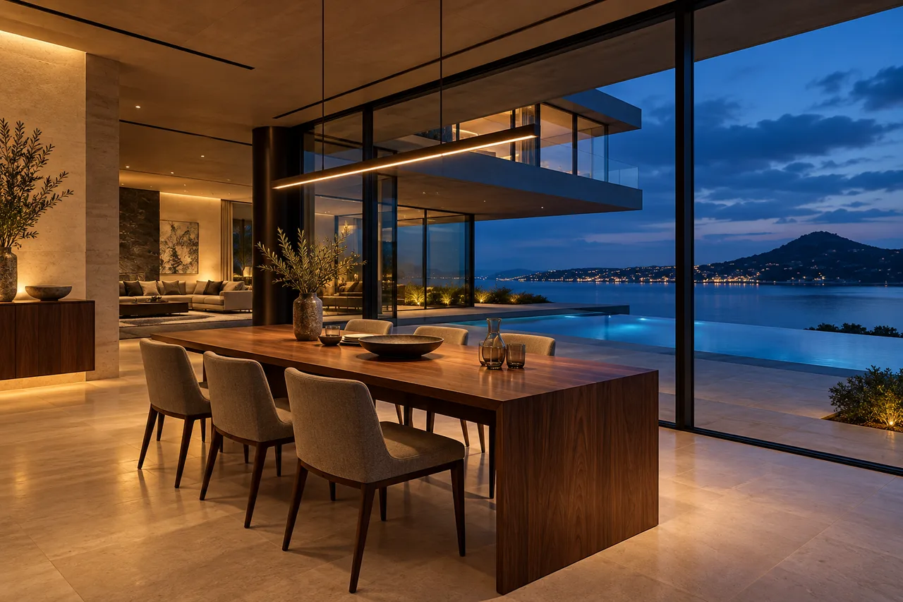 Walnut dining table and upholstered chairs beneath a slim pendant, opening toward the pool.