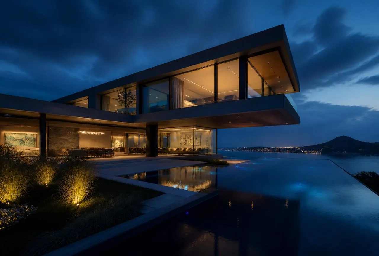 Glazed contemporary villa and infinity pool overlooking blue-hour water and distant hills.