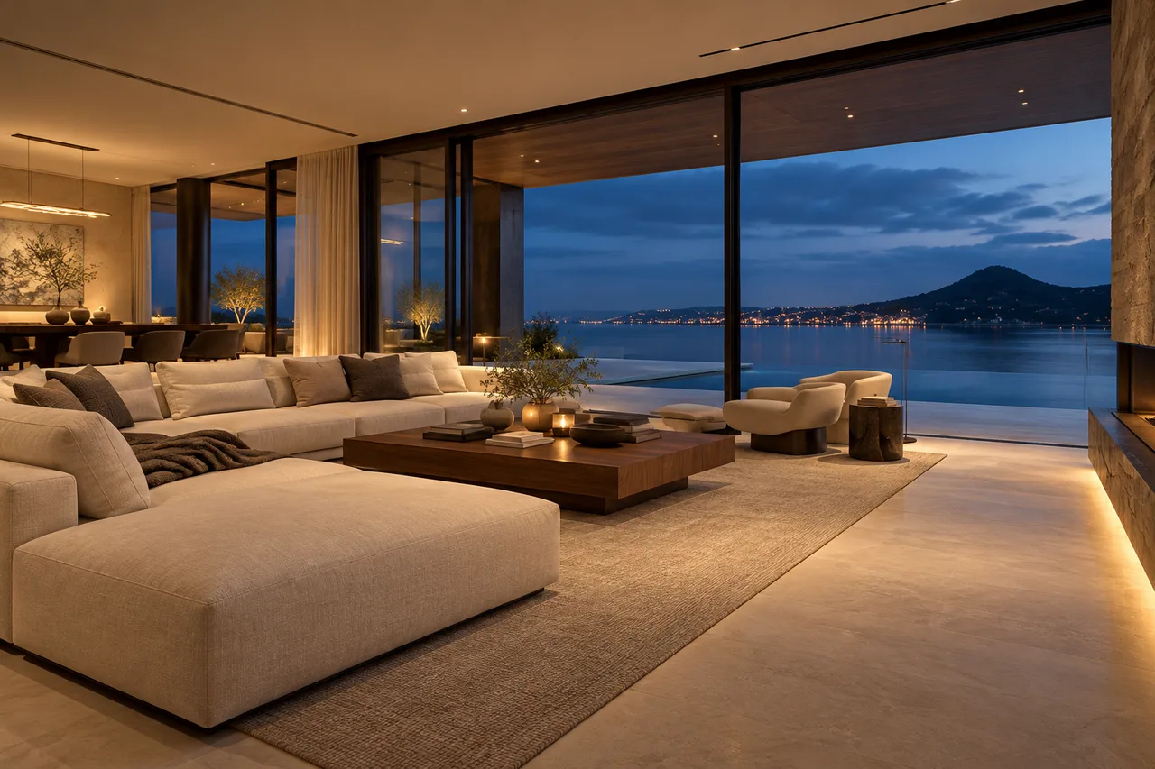 Linen seating and a walnut coffee table beside full-height windows overlooking the water.